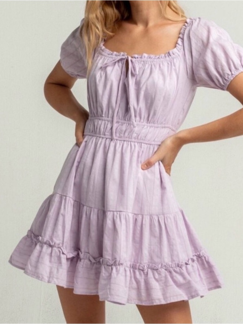 Lost + Wander Lilac Puff-Sleeve Tiered Dress Medium